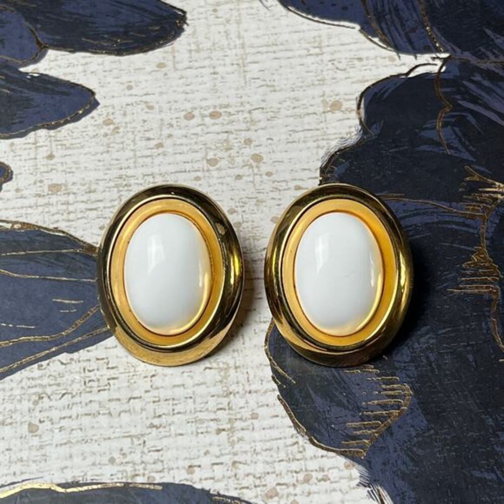 MONET White Faux Stone Gold Tone Clip On Earrings
